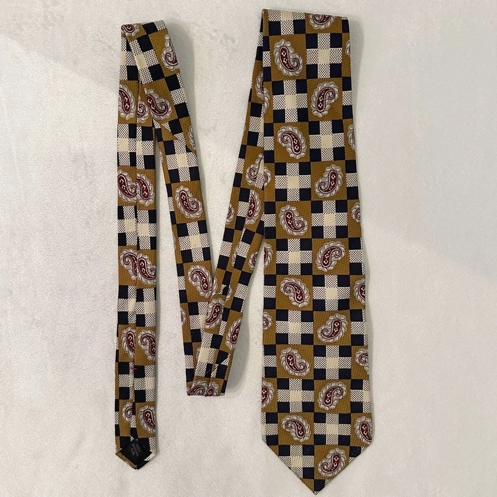 Vintage Villa Bugatti 100% Italian Silk Unique Print Neck Tie Checker Paisley